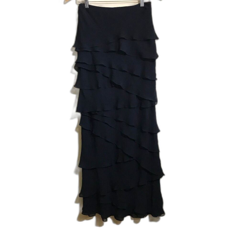 Tadashi silk asymmetrical tiered black maxi skirt sz 2 VTG fairy whimsigoth